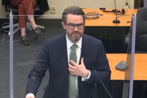 In this image from video, defense attorney Eric Nelson gives closing arguments as Hennepin County Judge PeterÂ Cahill presides Monday, April 19, 2021, in the trial of former Minneapolis police Officer Derek Chauvin at the Hennepin County Courthouse in Min