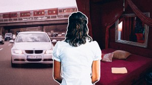 Eine Collage von mit dem Rücken einer Frau, einem BMW und einem Bordellzimmer. Paula war aus Rumänien nach Deutschland gekommen, um als Prostituierte zu arbeiten.