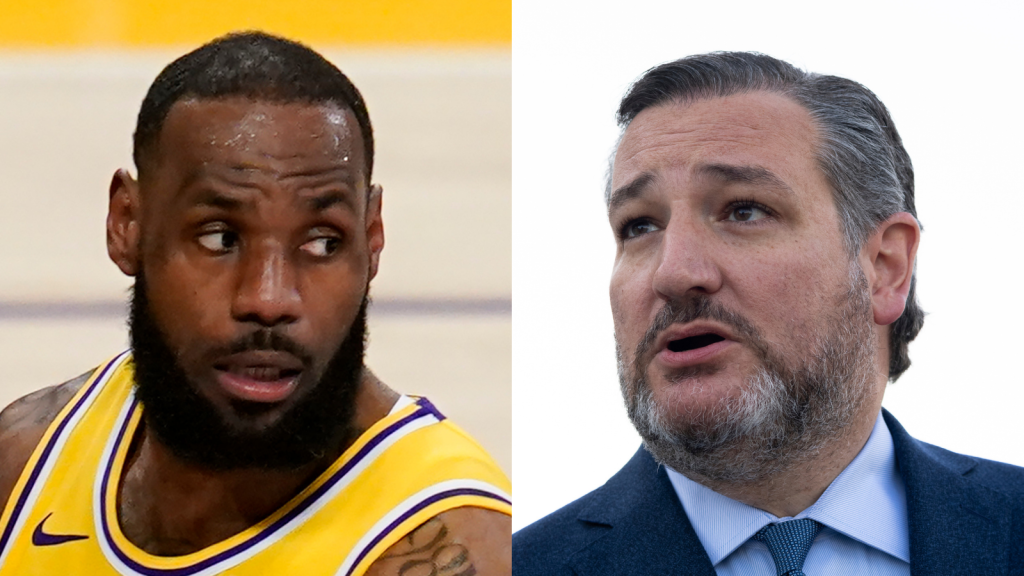 Los Angeles Lakers forward LeBron James on Wednesday, Feb. 10, 2021, in Los Angeles. (AP Photo/Ashley Landis) / Senator Ted Cruz (R-TX) in Washington, D.C., on Monday, April 19, 2021.(Graeme Sloan/Sipa USA)(Sipa via AP Images)