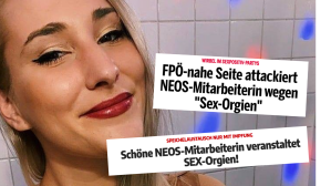 Die Autorin Fredi Ferkova schaut in die Kamera, neben sie sind Schlagzeilen montiert, die auf die "Sex-