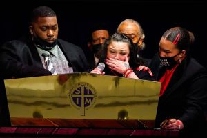 Katie and Aubrey Wright, parents of Daunte Wright, cry as the speak during funeral services of Daunte Wright at Shiloh Temple International Ministries in Minneapolis, Thursday, April 22, 2021. Wright, 20, was fatally shot by a Brooklyn Center, Minn., poli