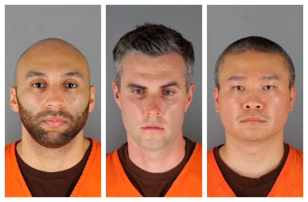 This combination of photos provided by the Hennepin County Sheriff's Office in Minnesota on Wednesday, June 3, 2020, shows J. Alexander Kueng, from left, Thomas Lane and Tou Thao. They have been charged with aiding and abetting Derek Chauvin, who is charg