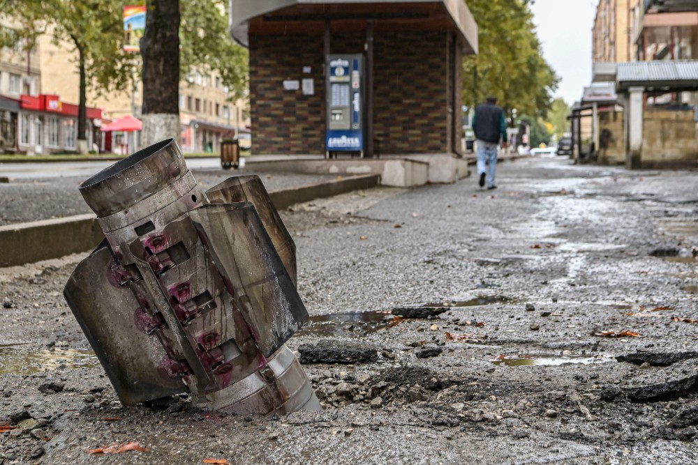 An unexploded rocket in Stepanakert in October last year. Photo: ARIS MESSINIS/AFP via Getty Images