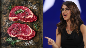 Left: Ribeye steaks (Claudia Totir/Getty Images) Right: Rep. Lauren Boebert (R-CO), participates in a discussion on the Right to Bear Arms during the Conservative Political Action Conference held in the Hyatt Regency on February 27, 2021 in Orlando, Flori