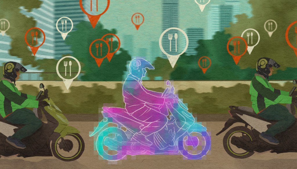 An illustration of delivery drivers in single file on their motorbikes. The driver in the center is transparent and colored pink and blue.