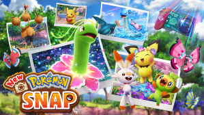 Artwork from 'New Pokemon Snap', A Magnenim bursts from a polaroid frame in the center of the image, around which many other pokemon do the same. In the lower left appear the words "New Pokemon Snap"