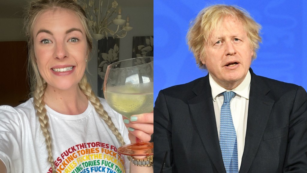 Jess, 28, in her "Fuck the Tories" t-shirt, next to Conservative leader Boris Johnson at a press conference