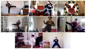 Students of the Chinese Hawaiin Kenpo Academy practice their kicks via Zoom. The martial arts studio in New York City has started to offer similar online classes specifically focused on self-defense for Asian-Americans.