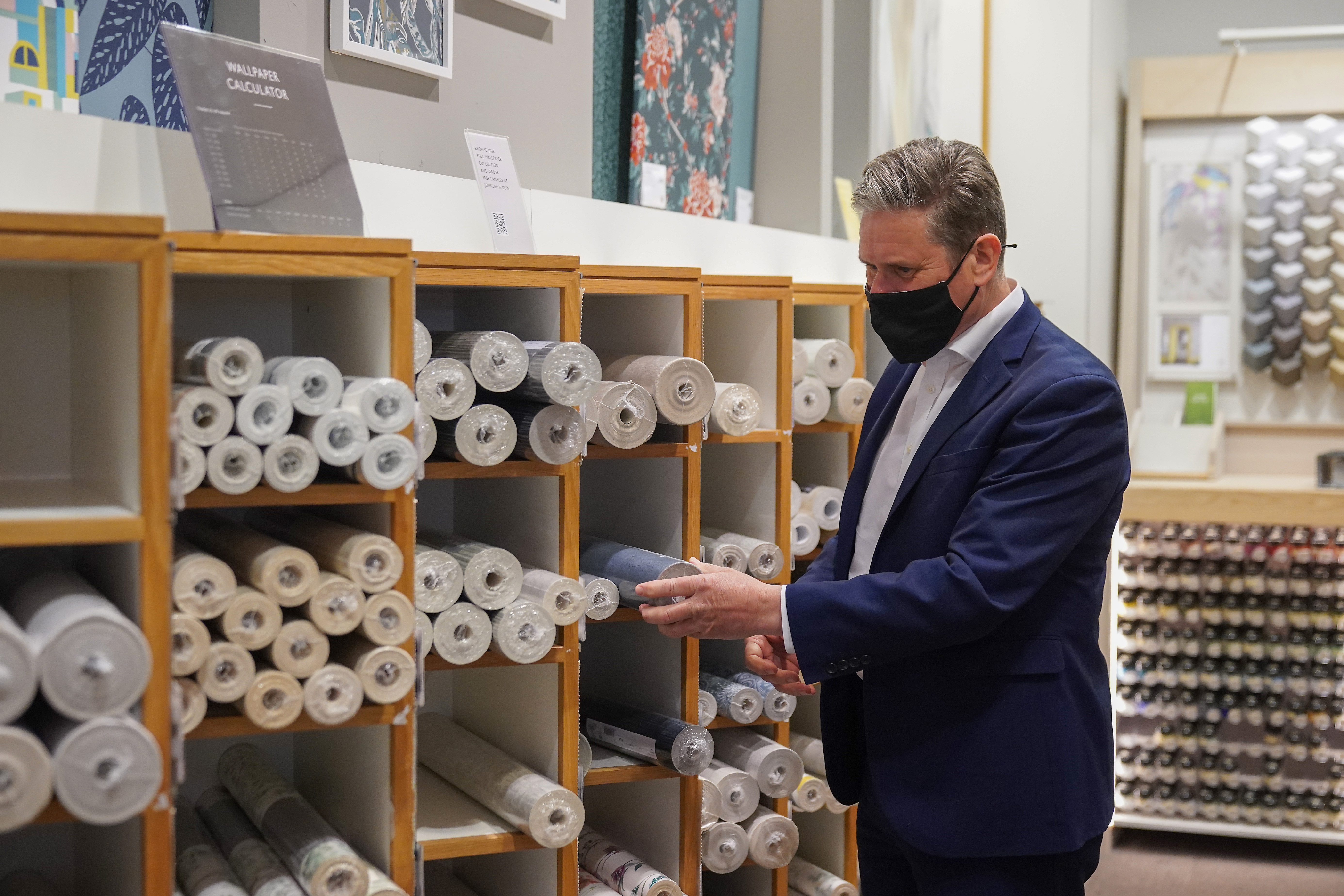 Labour Party leader Sir Keir Starmer browses through the wallpaper section at John Lewis & Partners department store at the Intu Trafford Centre on April 29, 2021 in Manchester, England. Photo: Christopher Furlong/Getty Images