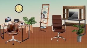 desk office chair plant table bookshelf