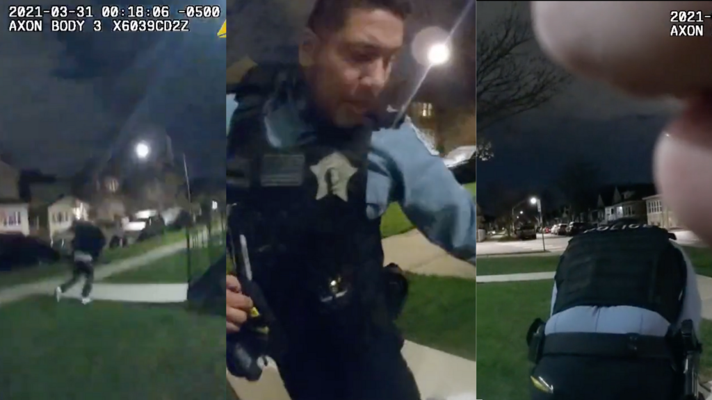 Chicago police officers pursue and shoot Anthony Alvarez in Chicago on March 31, 2021. (Screenshots from body camera footage compilation provided by the Civilian Office of Police Accountability)