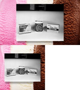 a collage featuring a 1953 black and white picture of three different cartons of borden vanilla ice cream, in front of a close-up image of stripes of neapolitan ice cream