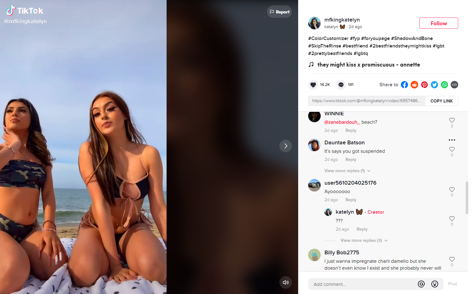 Screenshot of a TikTok of two women in bikinis. The comments section asks if the two women were suspended.