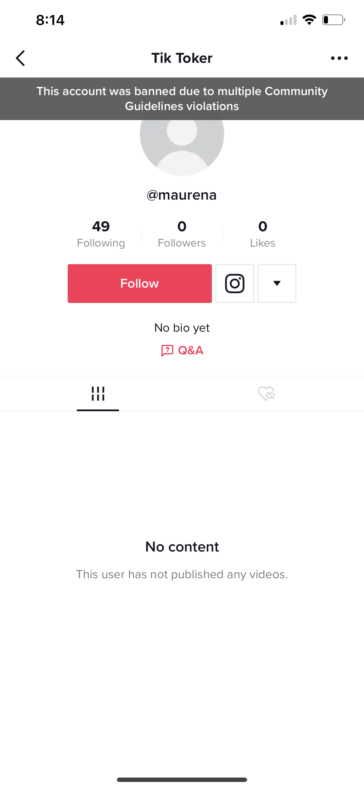 Image of Maurena's TikTok account during its suspension.