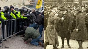 Protesters clash with police outside the U.S. Capitol on Jan. 6, 2021 and in Lexington, Kentucky in 1920.