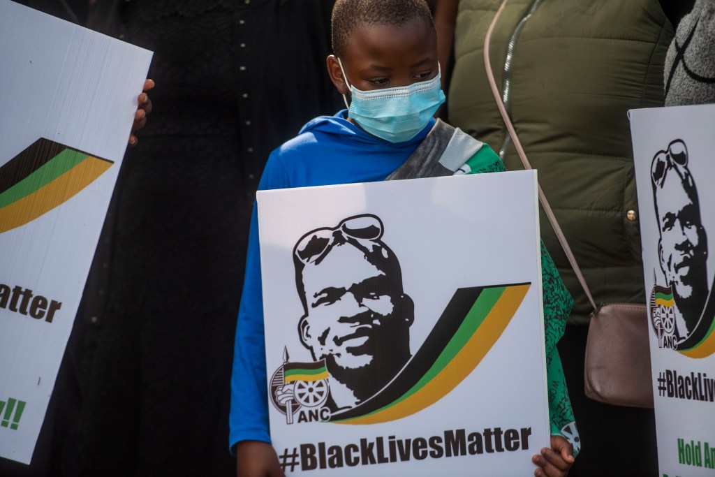 Members of the ANC National Youth Task Team (NYTT) protest outside the American Embassy on April 23, 2021