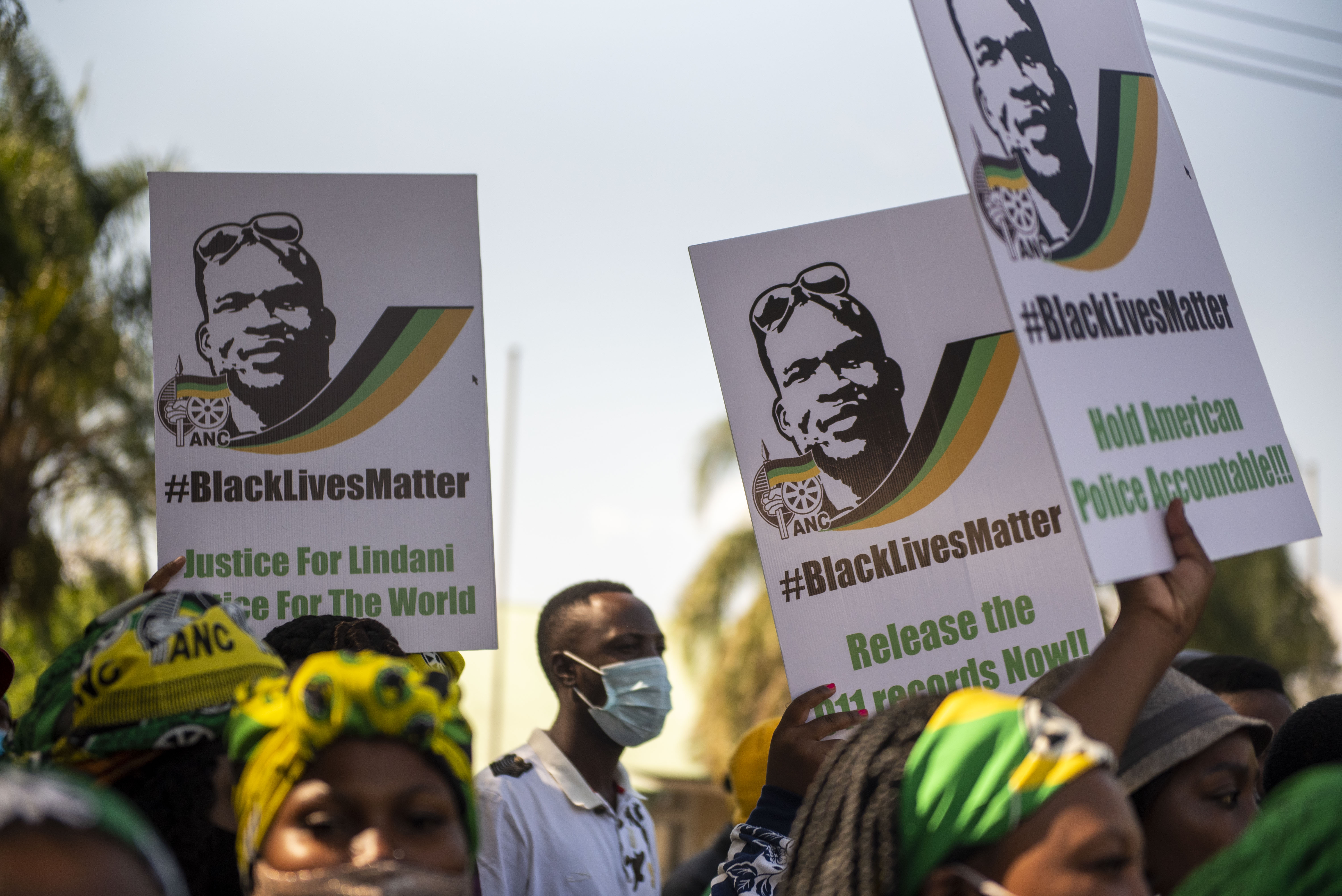 Members of the ANC National Youth Task Team (NYTT) protest outside the American Embassy on April 23, 2021 in Pretoria, South Africa.