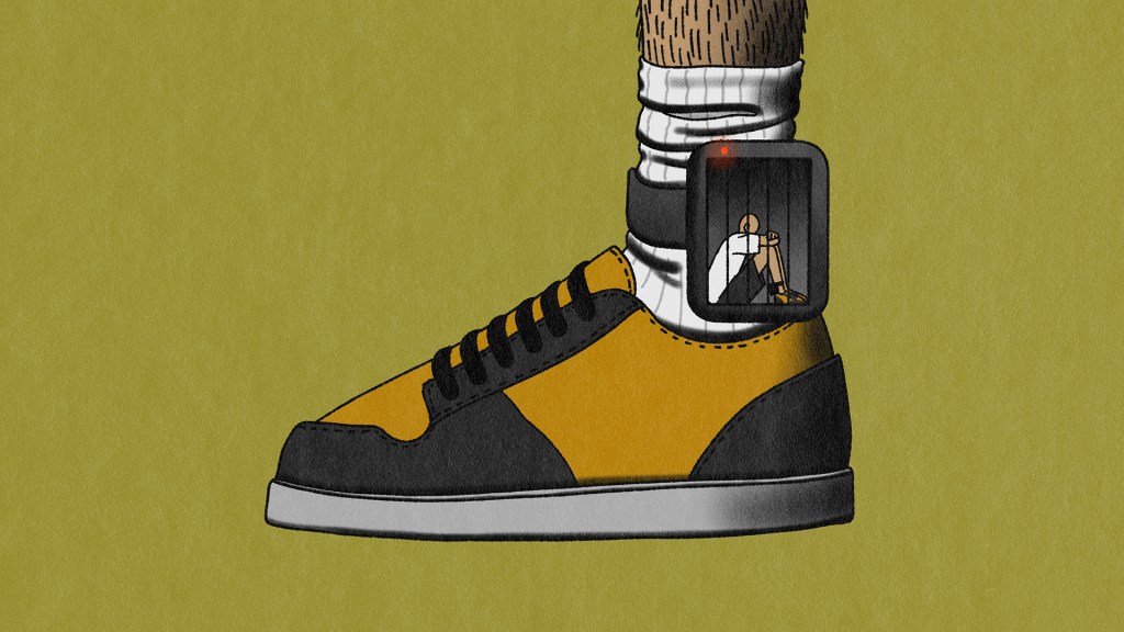 An illustration of a person confined inside an ankle monitor device