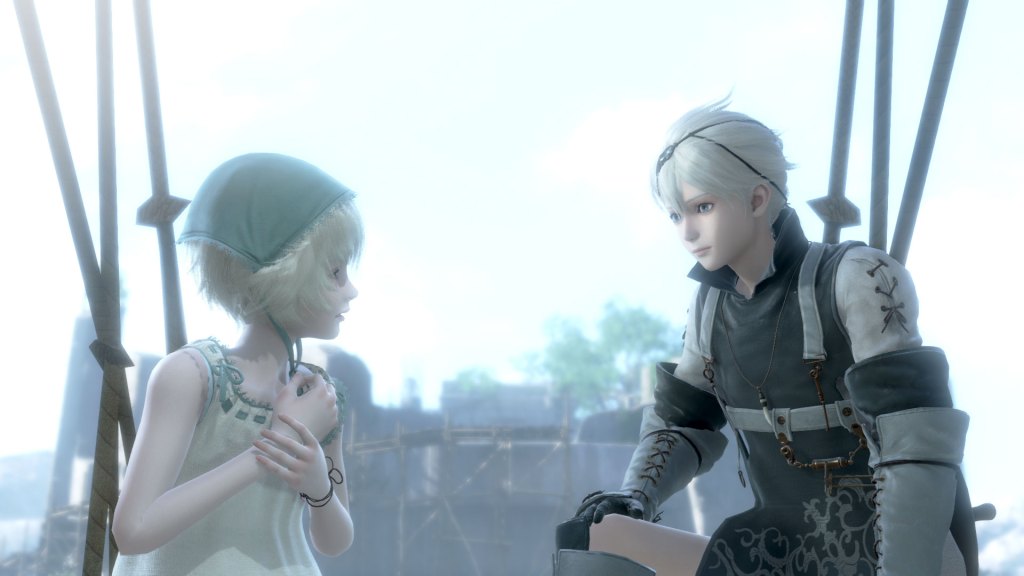 Screenshot from "NieR Replicant" the main character and his sister sit outside on a rope bridge that leads to a ruined skyscraper