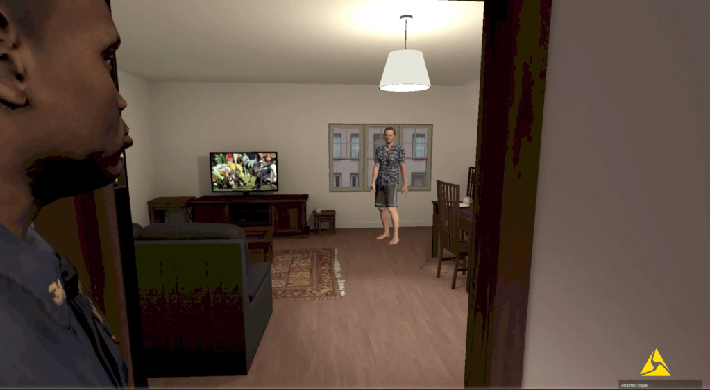 A screenshot from a virtual reality training simulation shows a rendered police officer in a blue shirt entering a person's house