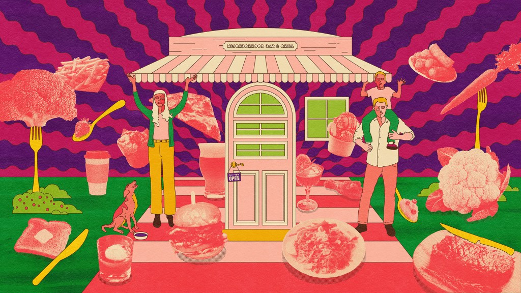 a colorful illustration of three people standing underneath an awning for a neighborhood restaurant; foods like toa