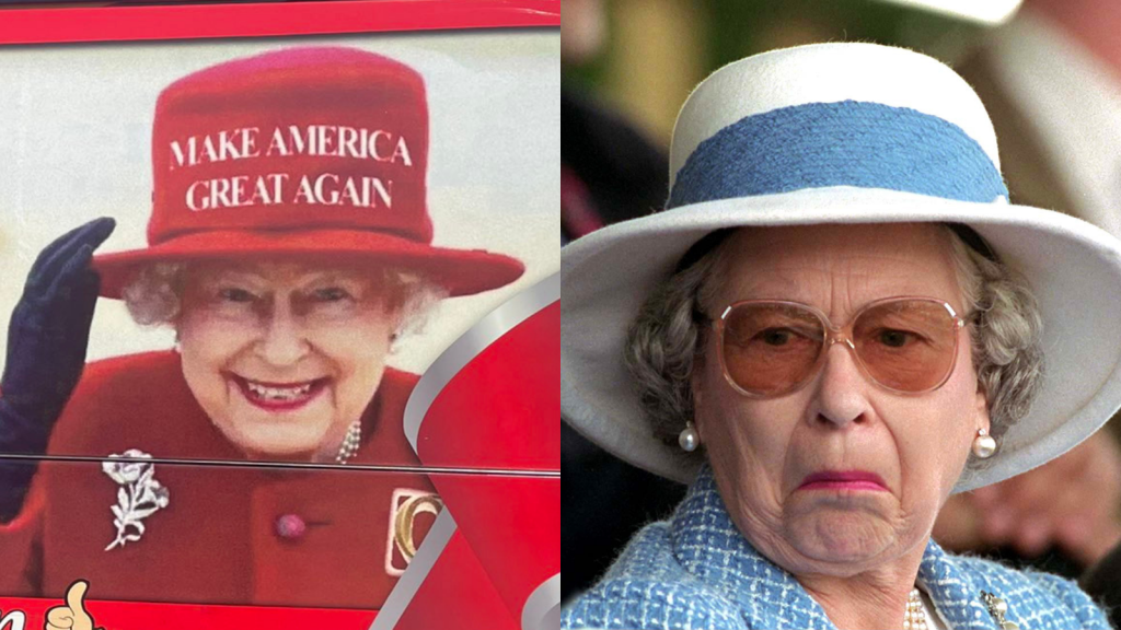 Left: Screenshot of the Queen wearing a MAGA hat as pictured on the "Trump Train." Right: The Queen frowning (Tim Graham Photo Library via Getty Images)​