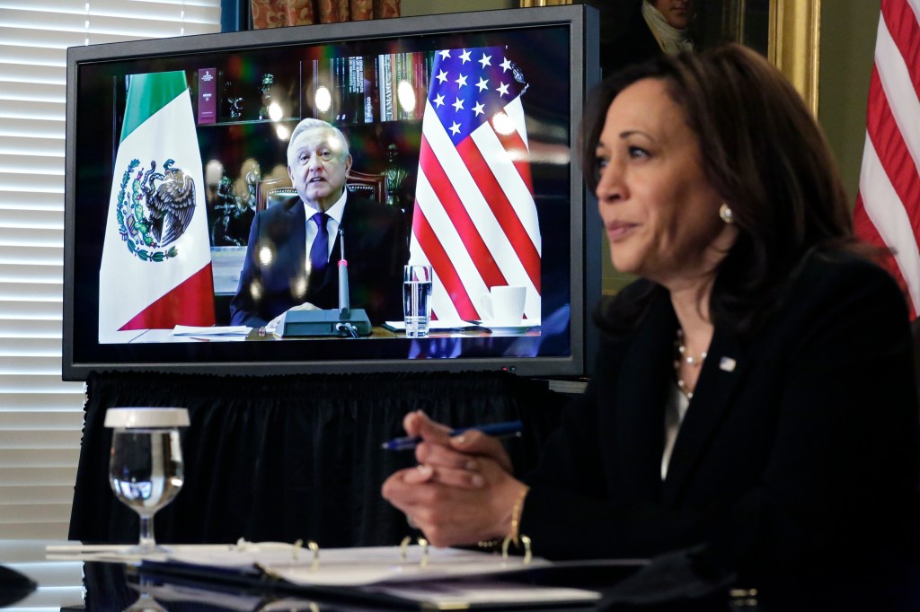 Vice President Kamala Harris conducts a meeting with Mexico President  Andrés Manuel López Obrador  via video link from Washington, DC on May 7 2021.