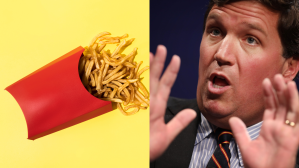 On the left, a photo of french fries. On the right, a photo of Tucker Carlson.