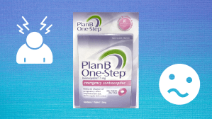 Plan B One-Step emergency contraception pill, also known as the "morning after pill" is displayed on a purple and blue background