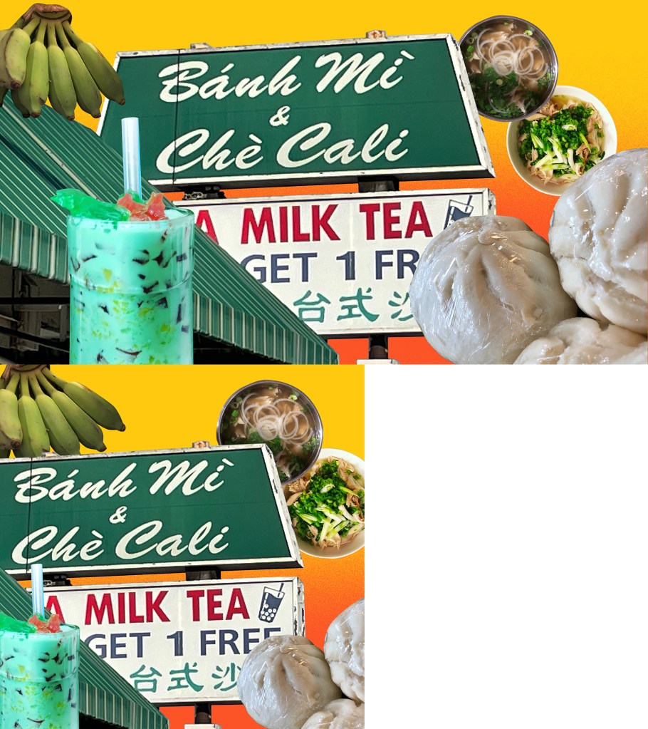 a collage showing signs for banh mi and milk tea business in alhambra, california, surrounded by food like steamed buns and pho