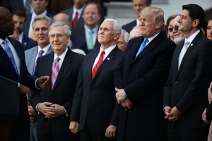 (L-R) Sen. Tim Scott (R-SC) delivers remarks with House Majority Leader Kevin McCarthy (R-CA), enate Majority Leader Mitch McConnell (R-KY), Vice President Mike Pence, U.S. President Donald Trump and Speaker of the House Paul Ryan (R-WI) during an event c