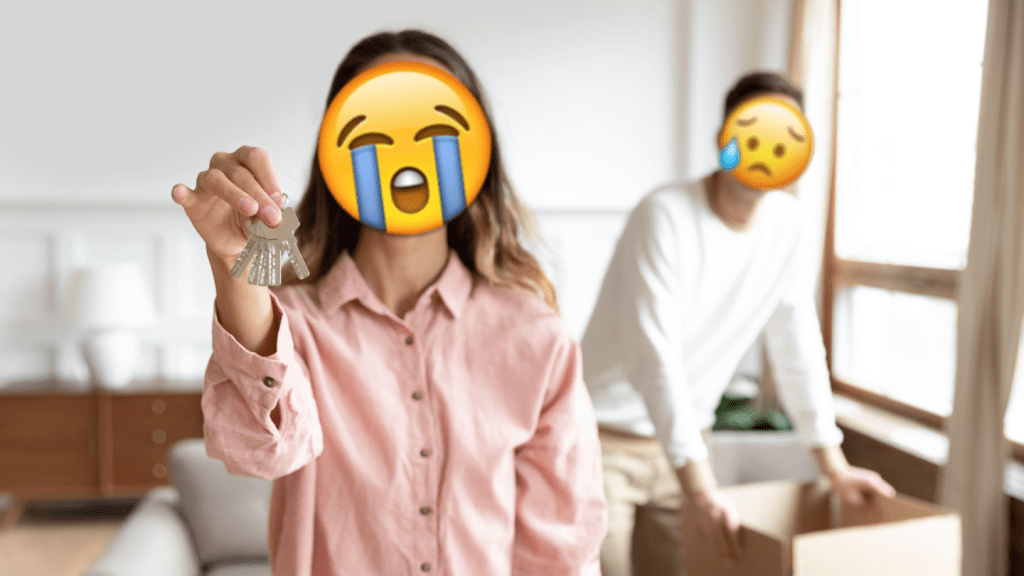 A homeowning couple crying in their property as the woman holds up keys