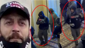 ​On the right, a photo of Daniel Warmus from security footage. On the left, still shots from video footage of Warmus entering the Capitol.