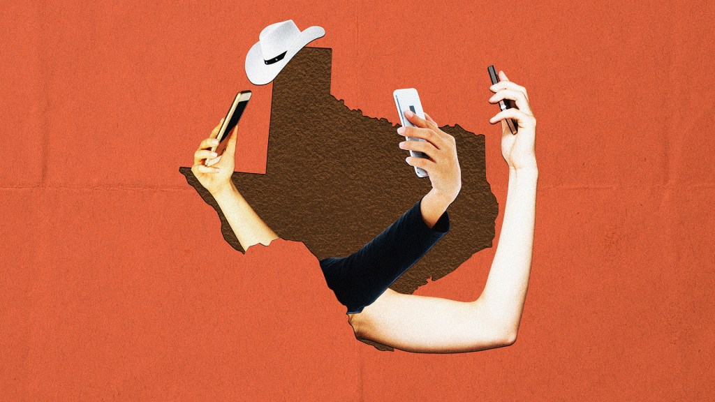 A photo collage showing the state of Texas wearing a cowboy hat, and with arms holding phones protruding from it