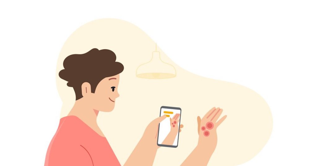 A cartoon of a person in a peach shirt holding up a smartphone to their hand