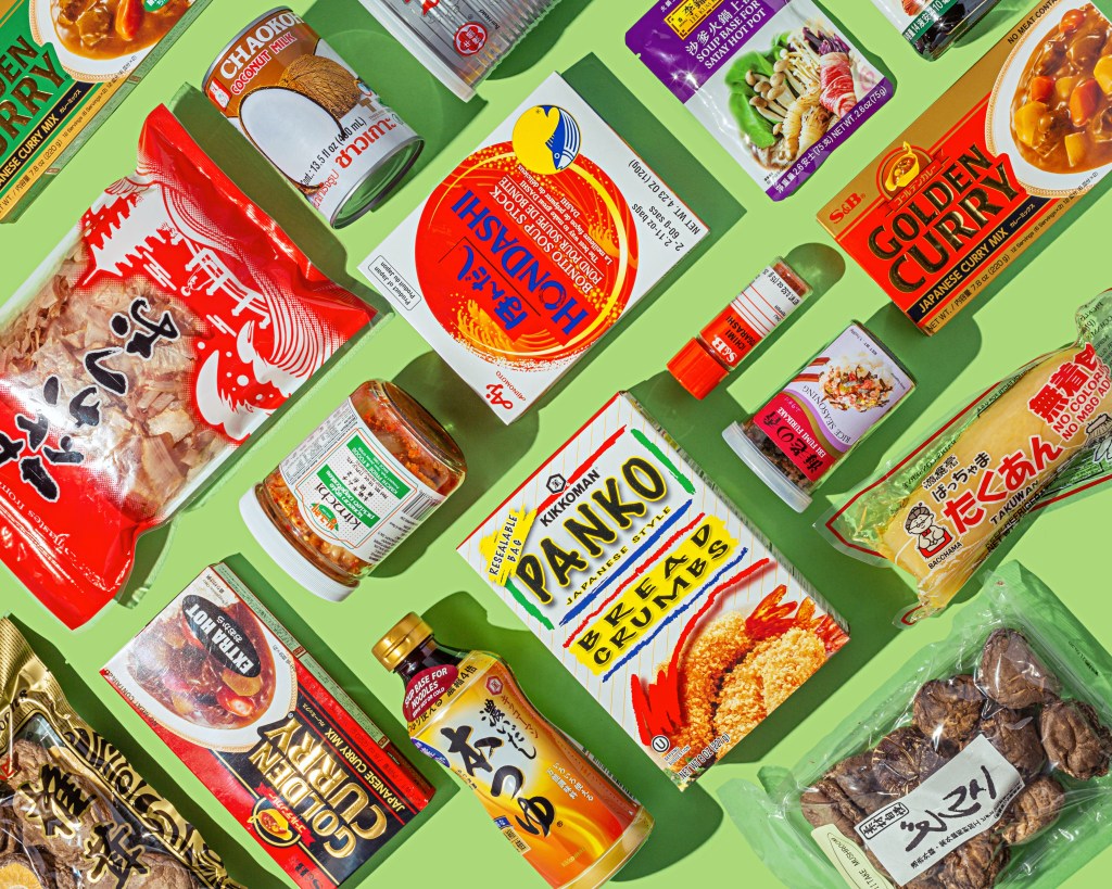 a selection of asian pantry ingredients from online grocery delivery service umamicart in front of a green background