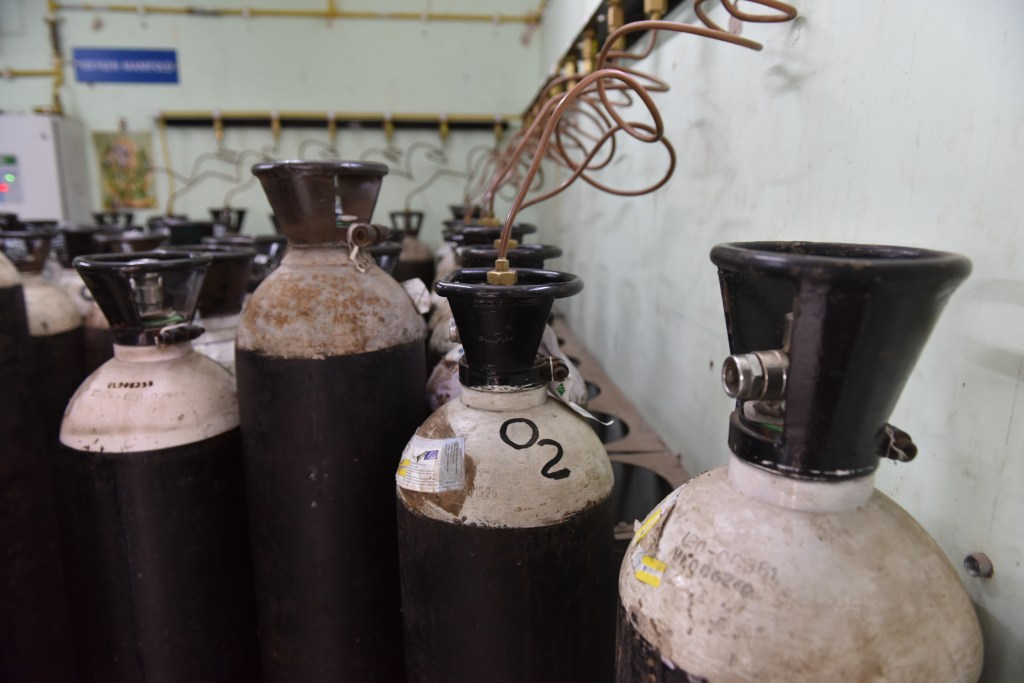 Cylinders with medical oxygen for Covid-19 coronavirus patients outside an oxygen production plant in Kolkata, India on May 16, 2021.