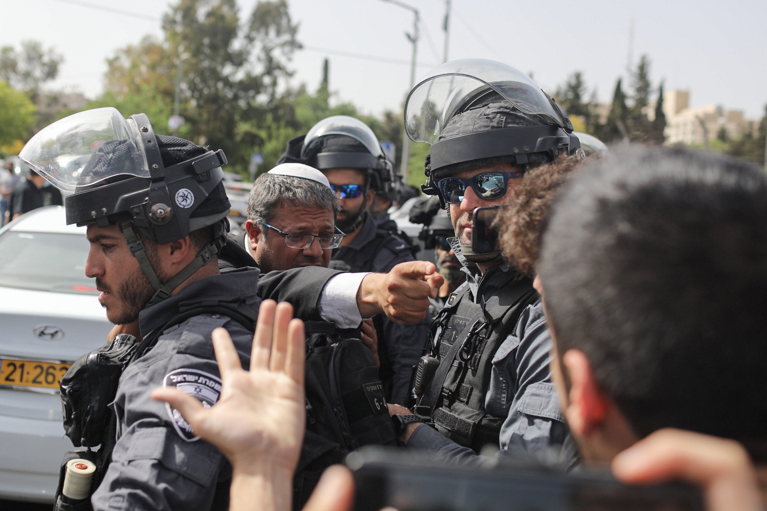 Right-wing Knesset member Itamar Ben-Gvir gestures during a visit to the Sheihk Jarrah neighbourhood of occupied East Jerusalem. Photo: Ilia Yefimovich/picture alliance via Getty Images