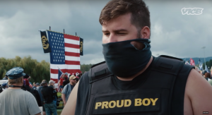 Daniel Scott Lyons aka "Milkshake" speaks at a Proud Boys rally in Portland, Oregon.