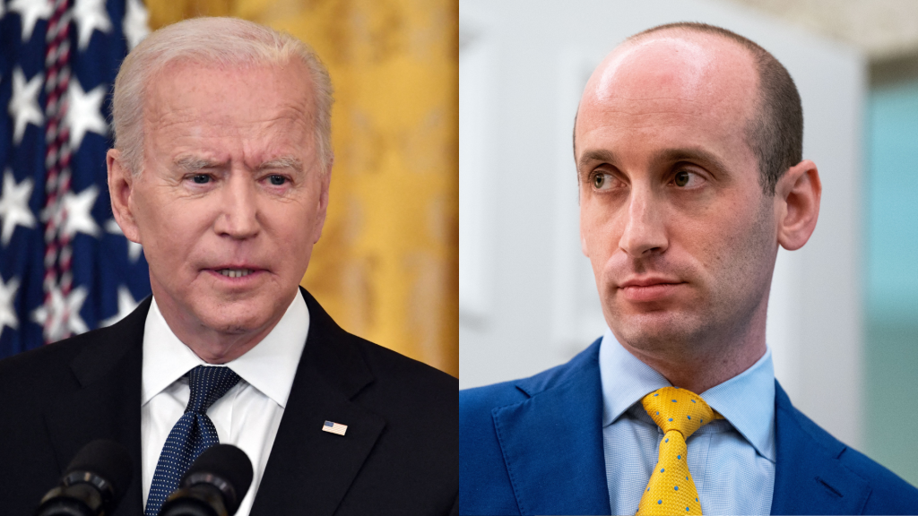 US President Joe Biden (R) speaks in the East Room of the White House on May 20, 2021, and Steph­en Mille­r (L) looks on as President Donald Trump addresses reporters on July 15th 2020.