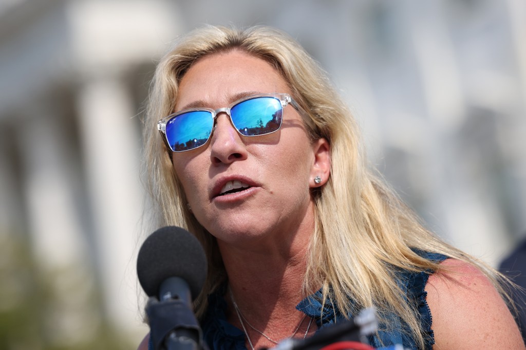 Rep. Marjorie Taylor Green (R-GA) speaks at a press conference on the current conflict between Israel and the Palestinians on May 20, 2021 in Washington, DC. (Kevin Dietsch/Getty Images)​