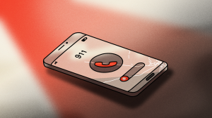 Illustration of a cracked cell phone about to dial 911.