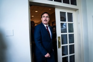 My Pillow CEO Mike Lindell walks out ahead of President Donald J. Trump to speak with members of the coronavirus task force and reporters during a briefing in response to the COVID-19 coronavirus pandemic from the Rose Garden at the White House on Monday,