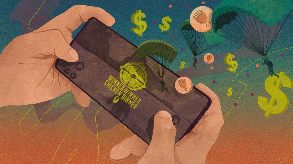 Ilustración de unas manos sosteniendo un celular y signos de dinero en e