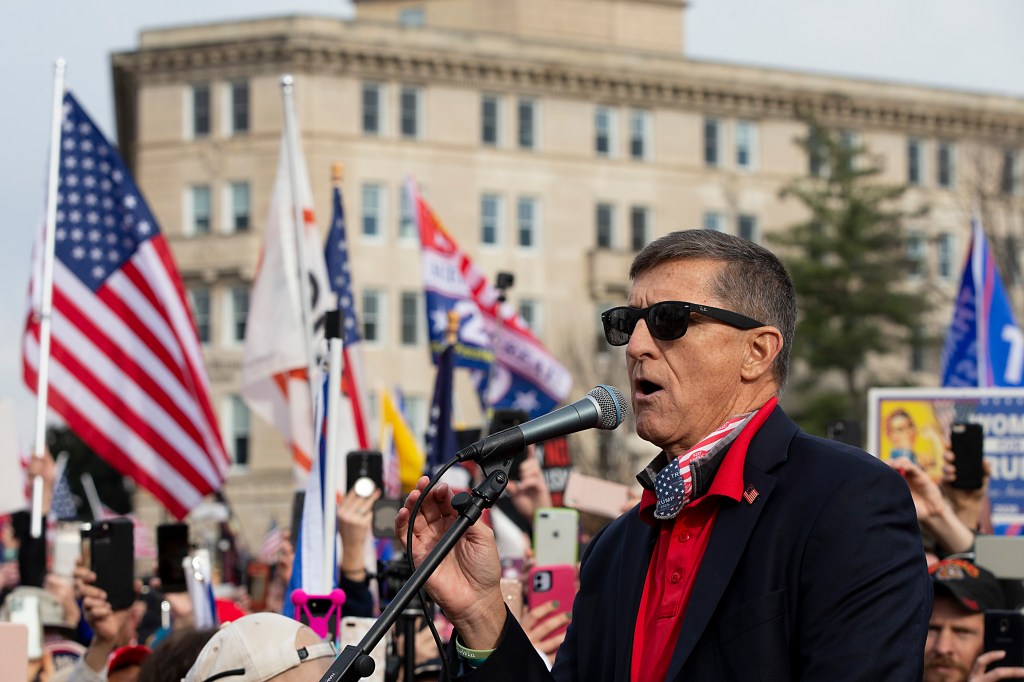 Former General Michael Flynn, President Donald Trump’s recently pardoned national security adviser, speaks during a protest of the outcome of the 2020 presidential election outside the Supreme Court on December 12, 2020 in Washington, DC. (Tasos Katopodis