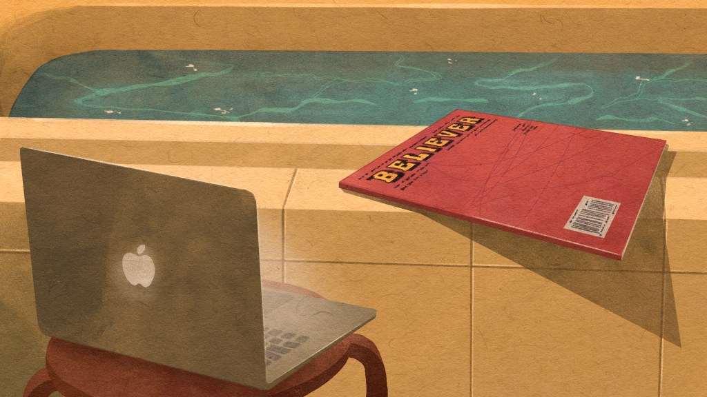 Illustration shows a bathtub and an open laptop facing away from the viewer.  A copy of the magazine The Believer rests on the side of the tub.