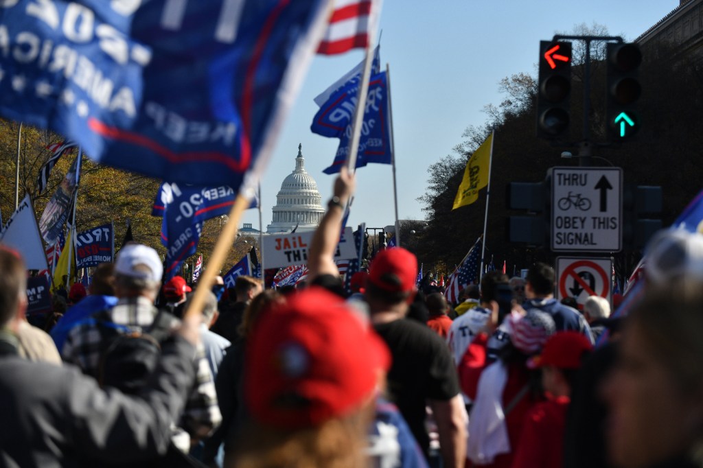 Several hundred thousand white supremacists, QAnon conspiracy theorists, neonazis, and Trump supporters held a march in Washington, DC demanding the overturn of the 2020 election of Joe Biden to the presidency, on Saturday, 14 November 2020. (Photo by B.A