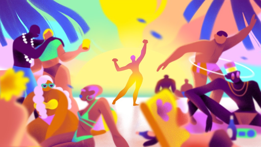 Silhouette of person standing triumphantly at the center of a queer beach, surrounded by people having a good time, while the sun shines on them