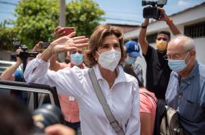 Cristiana Chamorro, former director of the Violeta Barrios de Chamorro Foundation, arrives at the headquarters of the "Ciudadanos por la Libertad" (CXL) party in Managua to formalize her intentions to register as a presidential pre-candidate for the party