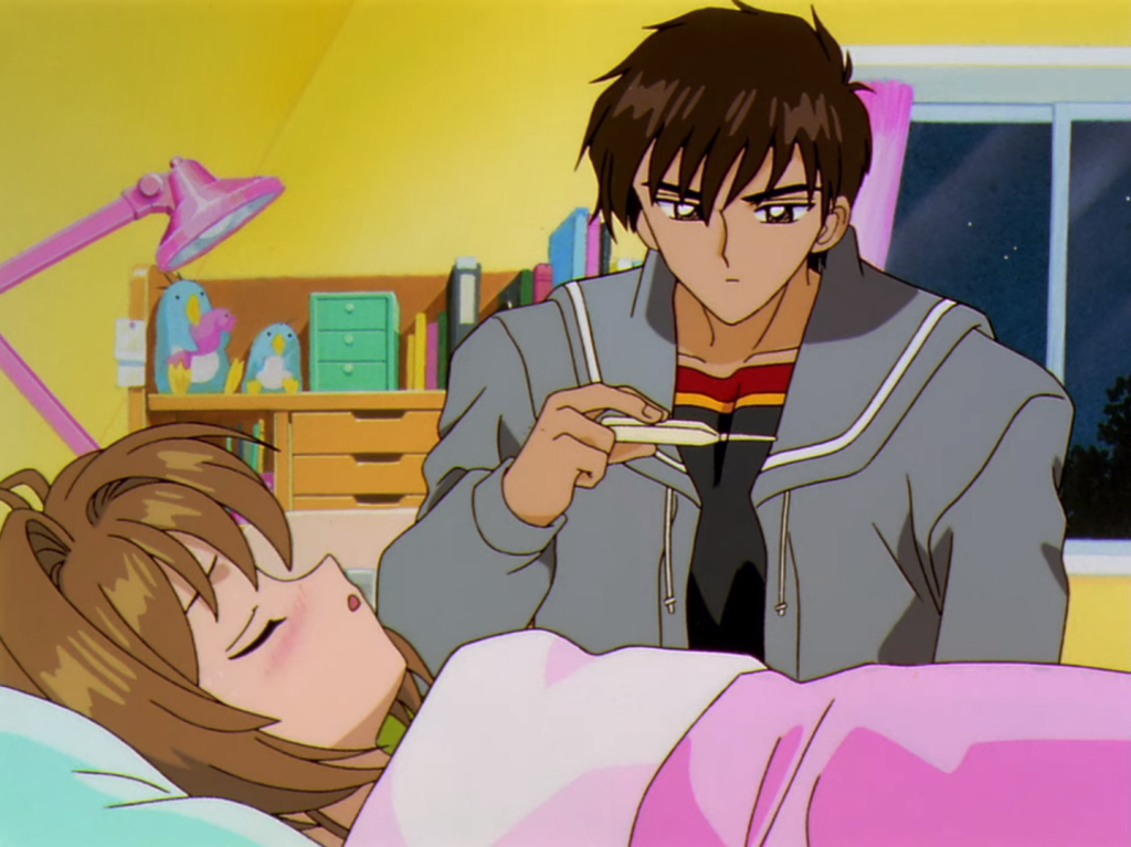 An anime girl with a cold in bed, while her older brother looks on and takes her temperature.